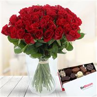 50 roses rouges + chocolats